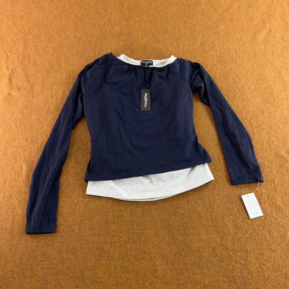 PrettyLittleThing Womens 10 Petite Navy Contrast Double Layer Asymmetric Top NWT